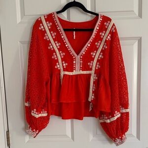 Free People Orange Lace Blouse with White Embroidery